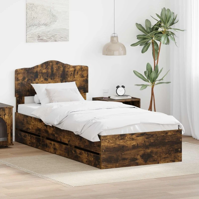 vidaXL Sengestel med skuffe 75 x 190 cm, røget eg, Ingeniørtræ