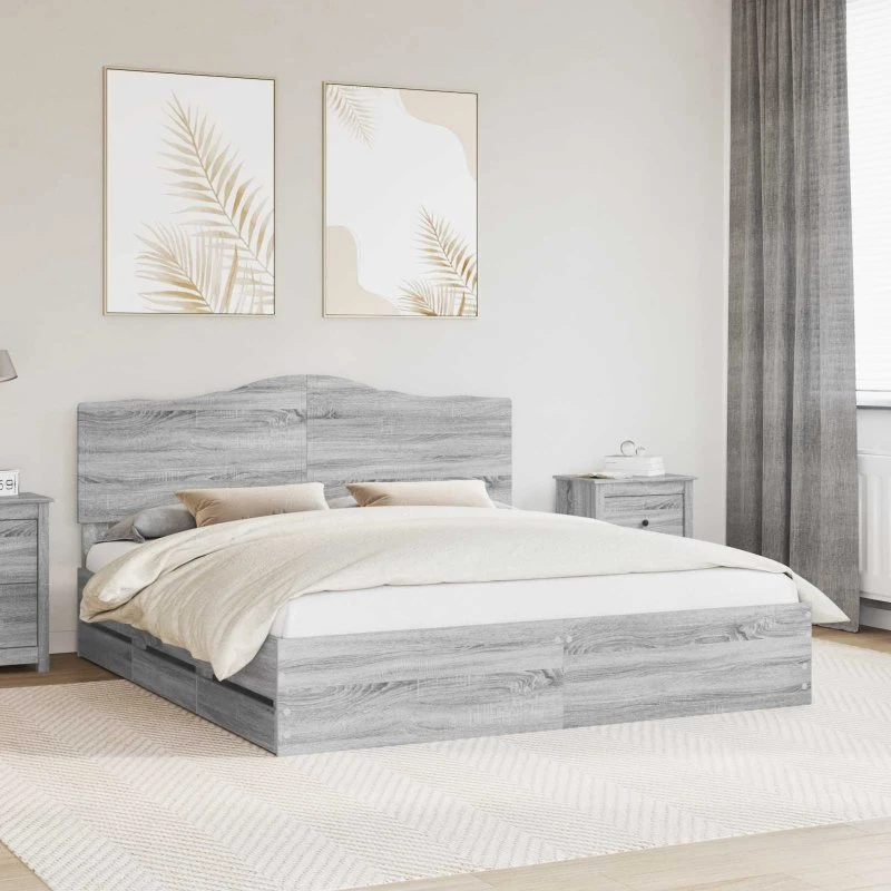 vidaXL Sengestel med Skuffe Grå Sonoma 180 x 200 cm Ingeniørtræ