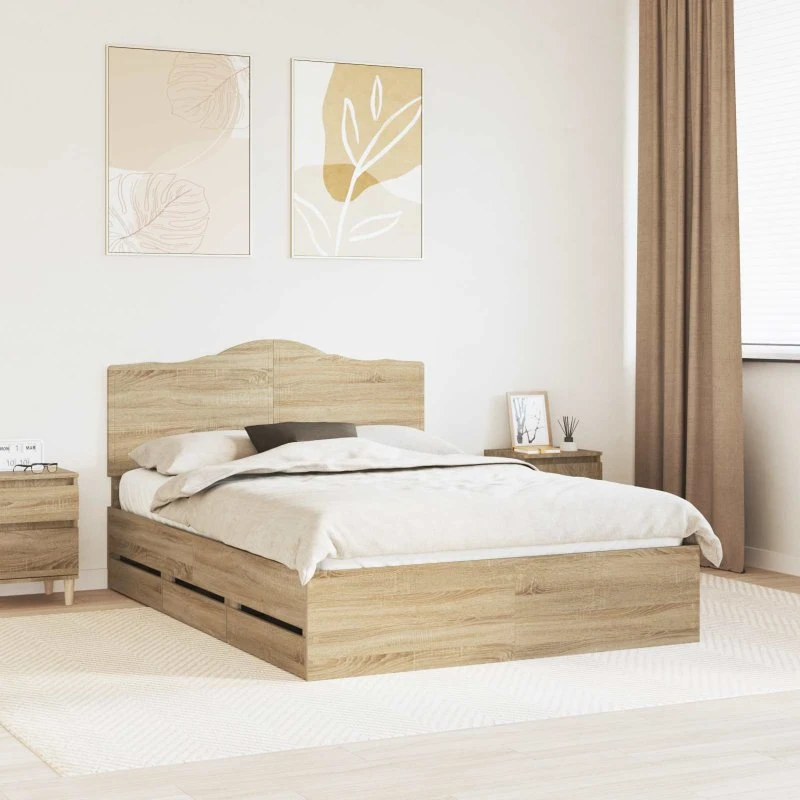 vidaXL Sengestel med Skuffe Sonoma-eg 140 x 200 cm, Ingeniørtræ