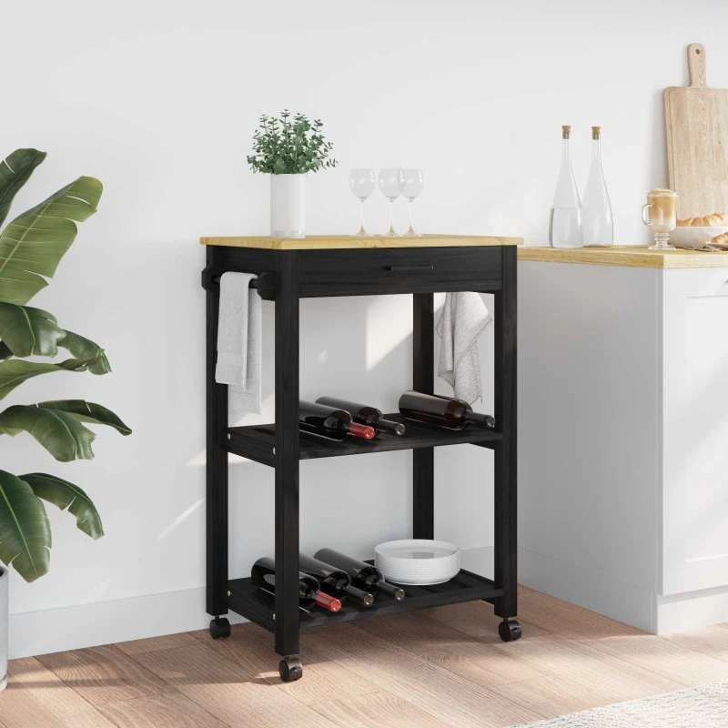 vidaXL Køkkenvogn MONZA Sort 60x40x88,5 cm Fyrretræ