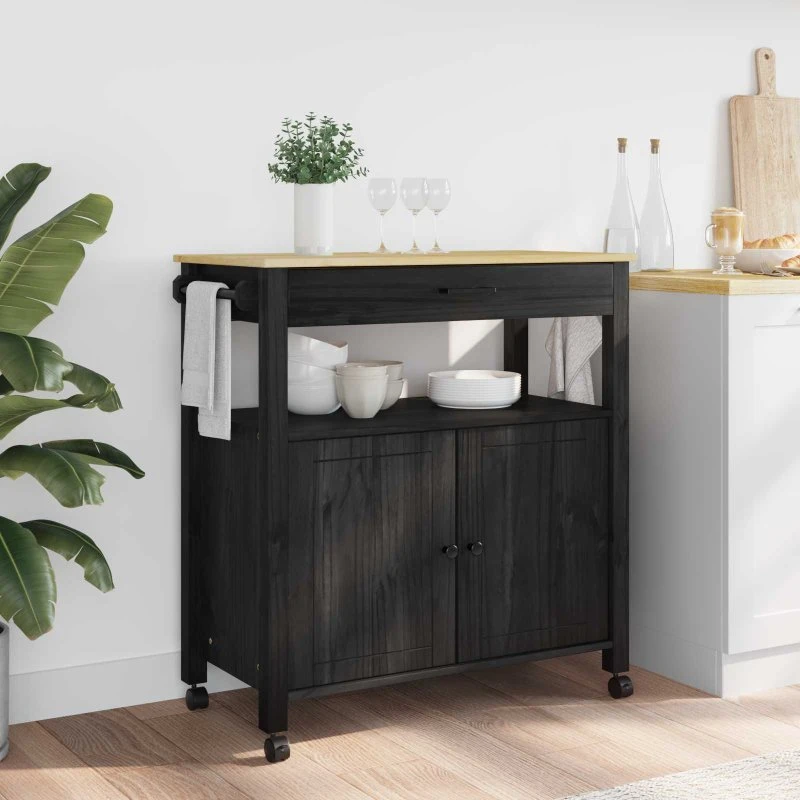 vidaXL Køkkenvogn MONZA Sort 84 x 40 x 88,5 cm Fyrretræ