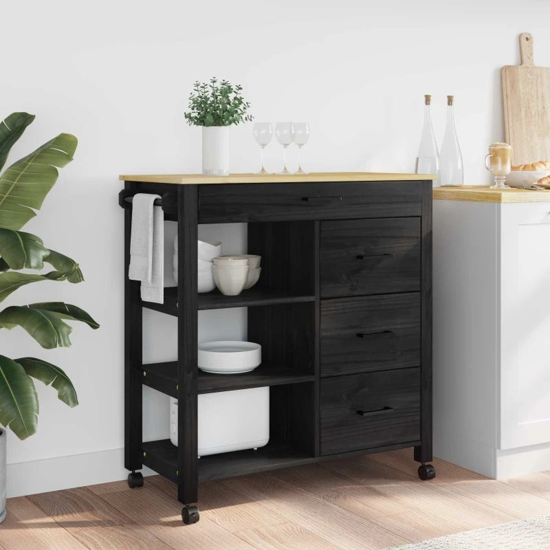 vidaXL Køkkenvogn MONZA Sort 84x40x88,5 cm i Massiv Fyrretræ