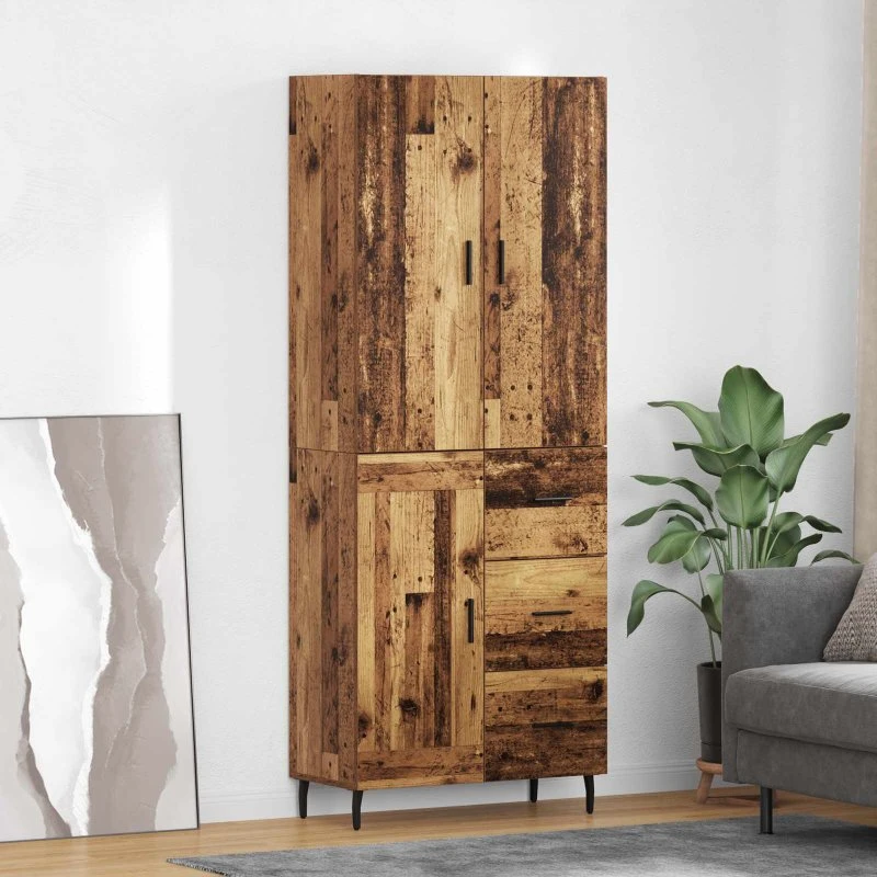 vidaXL Highboard Gammelt Træ 69,5 x 34 x 180 cm med Skuffer og Glas