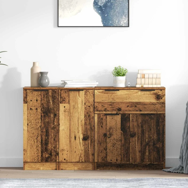 vidaXL Sideboard med skuffe 3 stk, gammelt træ, konstrueret træ