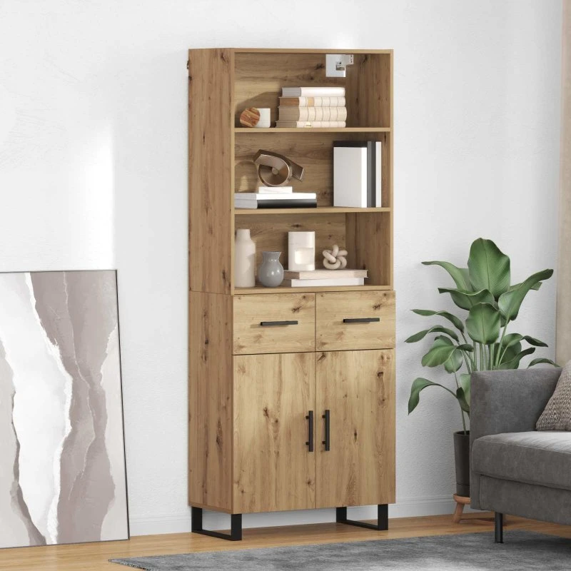 vidaXL Artisan Egetræ Højskænk 69,5 x 34 x 180 cm med Skuffer