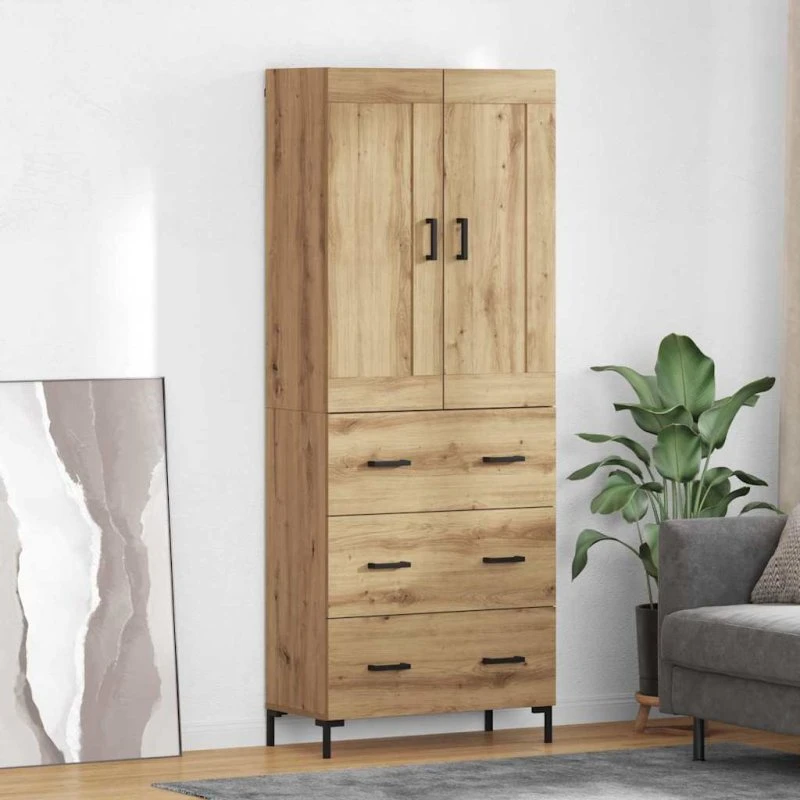 vidaXL Artisan Egetræ Highboard 69,5 x 34 x 180 cm med skuffer