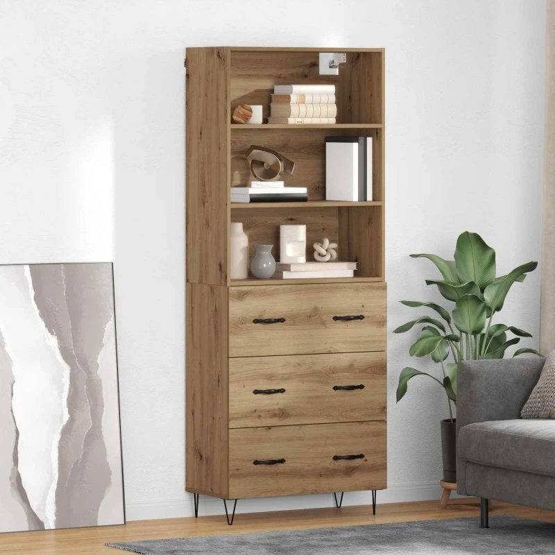 vidaXL Artisan Egetræ Highboard 69,5 x 32,5 x 180 cm med skuffer