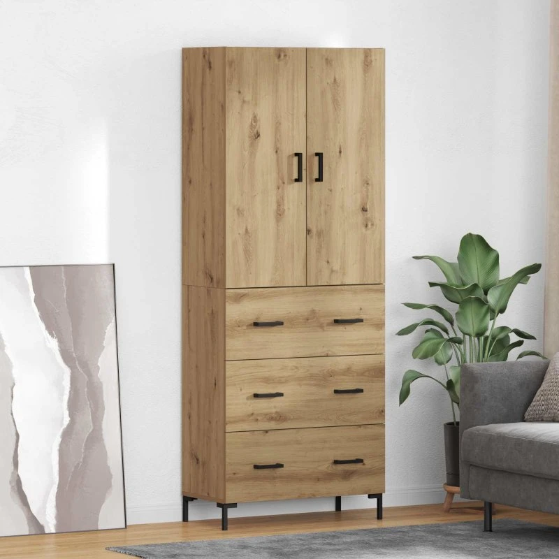 vidaXL Artisan Egetræ Højskab 69,5 x 34 x 180 cm, 3 Skuffer