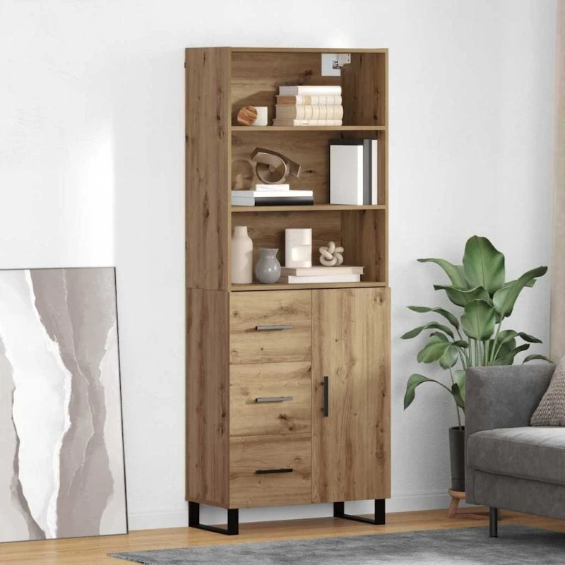 vidaXL Artisan Egetræ Højskænk 69,5 x 34 x 180 cm med Skuffer