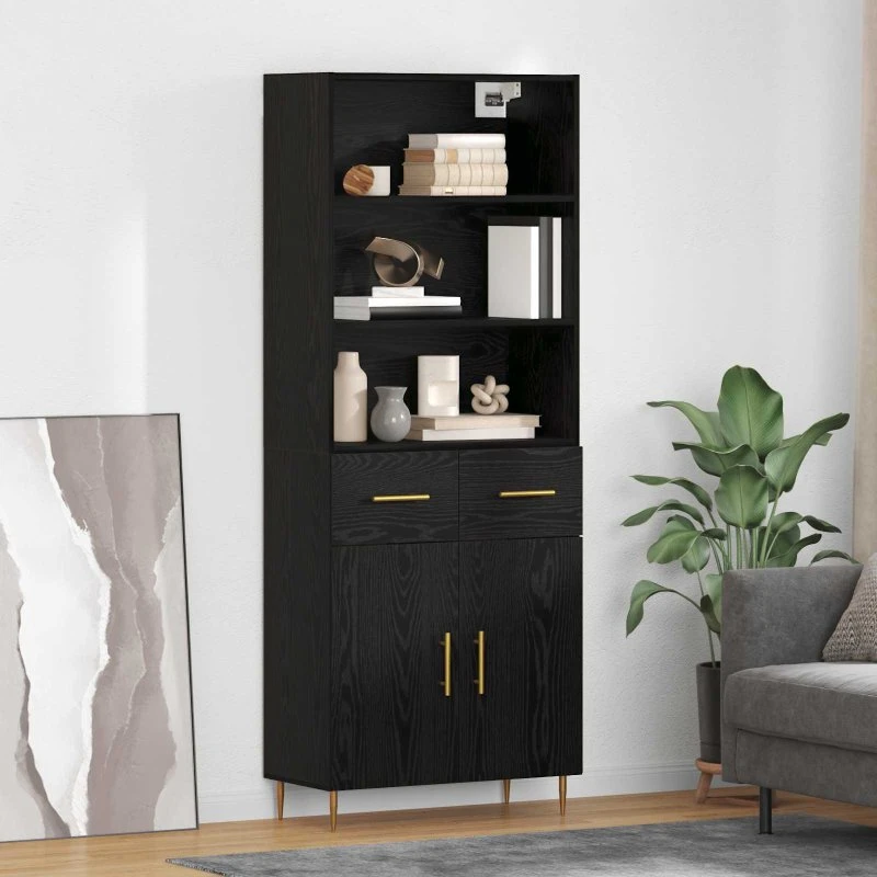 vidaXL Highboard med skuffe, Sort, 69,5 x 34 x 180 cm, Konstrueret træ