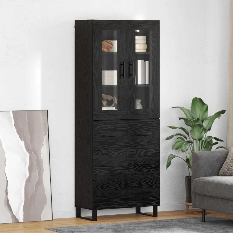 vidaXL Highboard med skuffe 2 stk, Sort eg Ingeniørtræ og glas