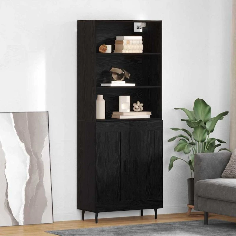 vidaXL Highboard Sort 69,5x34x180 cm Ingeniørtræ og Glas