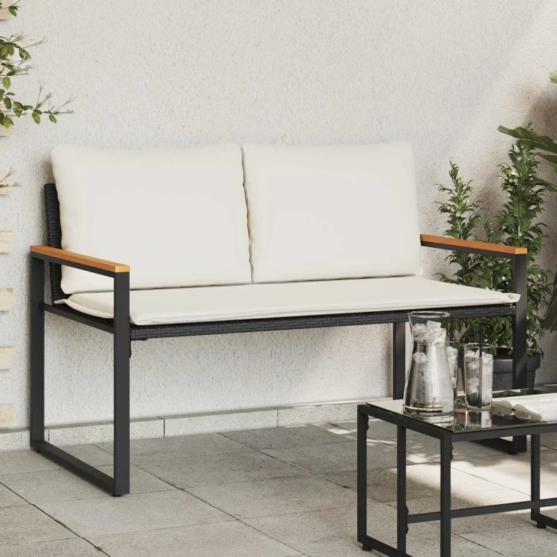 vidaXL bænk med pude, Sort/Cremehvid, 115 x 65 x 72 cm, rattan