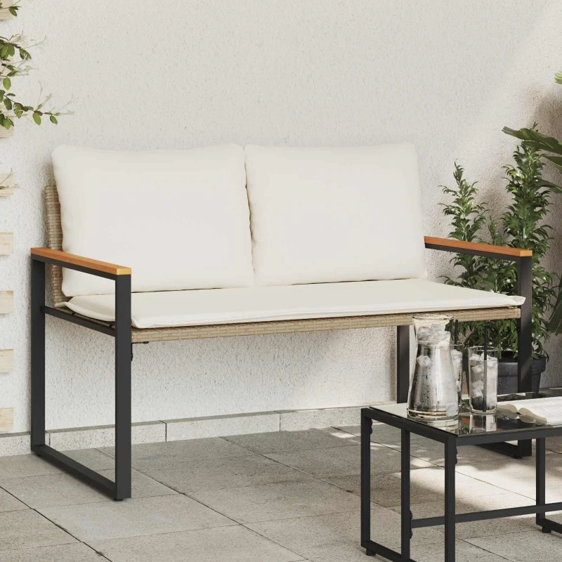 vidaXL bænk med pude Beige/Cremehvid 115x65x72 cm Rattan