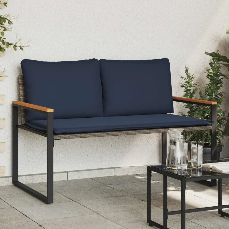vidaXL bænk med pude Grå og Marineblå 115x65x72 cm Rattan
