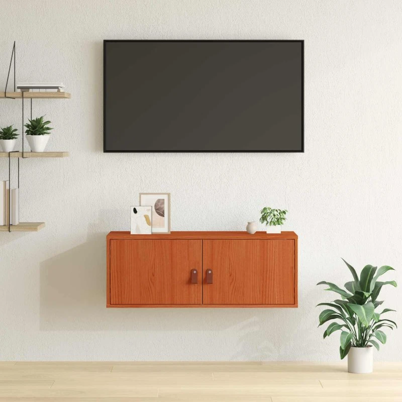 vidaXL Vægskab med hylde 80 x 30 x 30 cm, Voks brun, Massiv fyrretræ