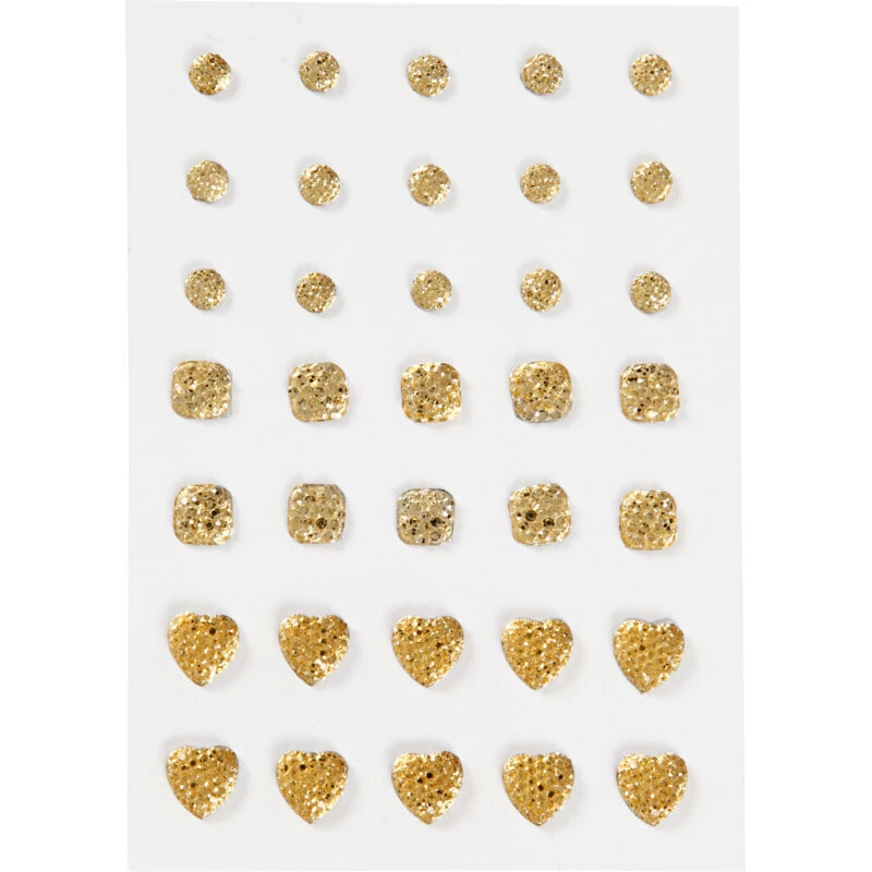 Vivi Gade rhinsten 6+8+10 mm guld, rund/firkant/hjerte, 35 stk.