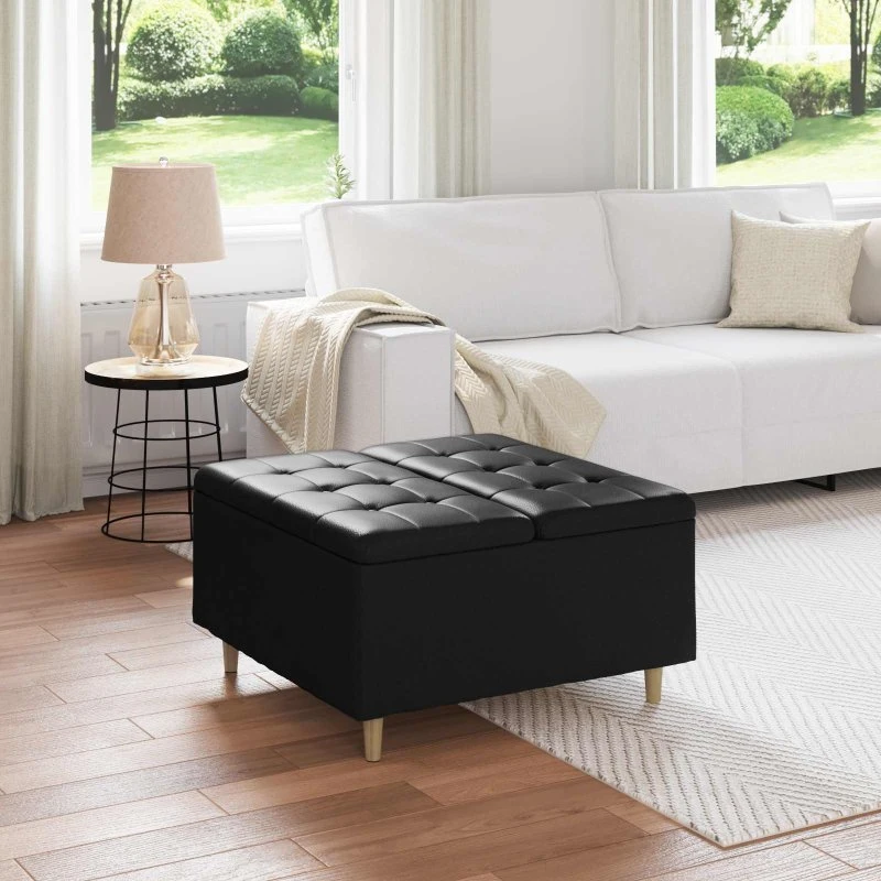 vidaXL Opbevaringstomane med pude, 80 x 80 x 45 cm, Sort, Kunstlæder