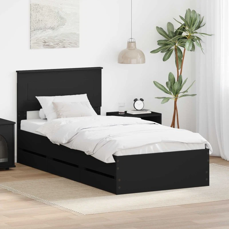 vidaXL Sengestel med Skuffe, Sort, 75 x 190 cm, Ingeniørtræ