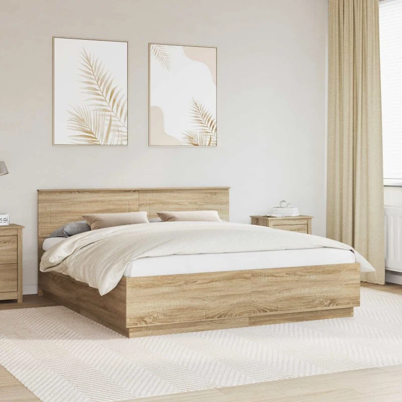 vidaXL Sengestel Sonoma eg 200 x 200 cm med justerbart hovedgærde og LED