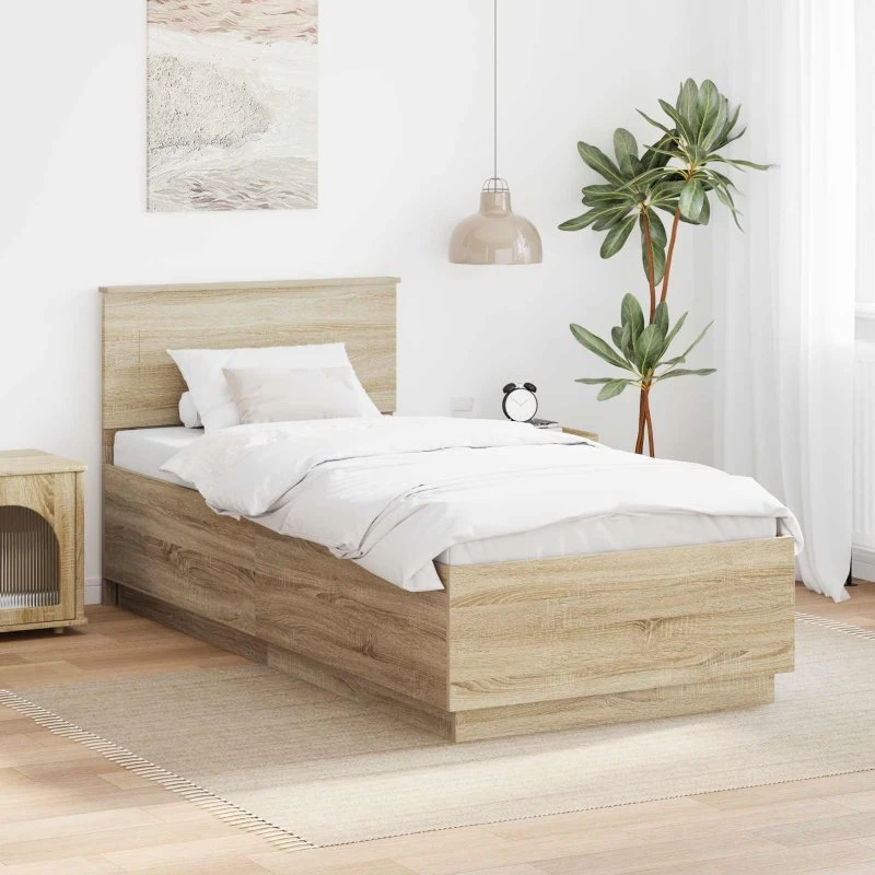 vidaXL Sengestel Sonoma eg 100 x 200 cm Konstrueret træ med justerbart hovedgærde og LED