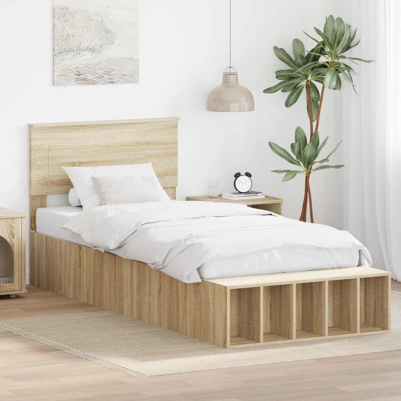 vidaXL Sengestel med hylde 100 x 200 cm Sonoma eg, konstrueret træ