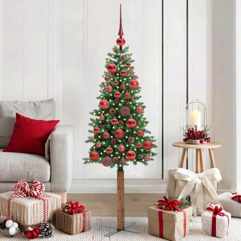 vidaXL Slankt Juletræ 150 cm Grønt PVC & Fyrretræ med LED