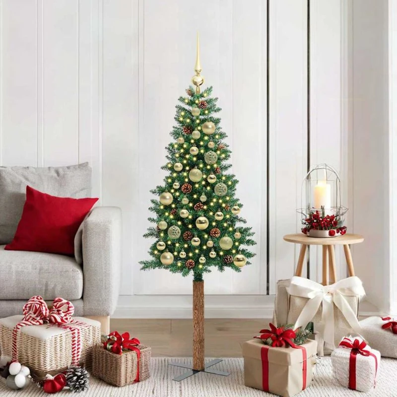 vidaXL Slankt Juletræ Grøn 150 cm med LED-lys og stativ