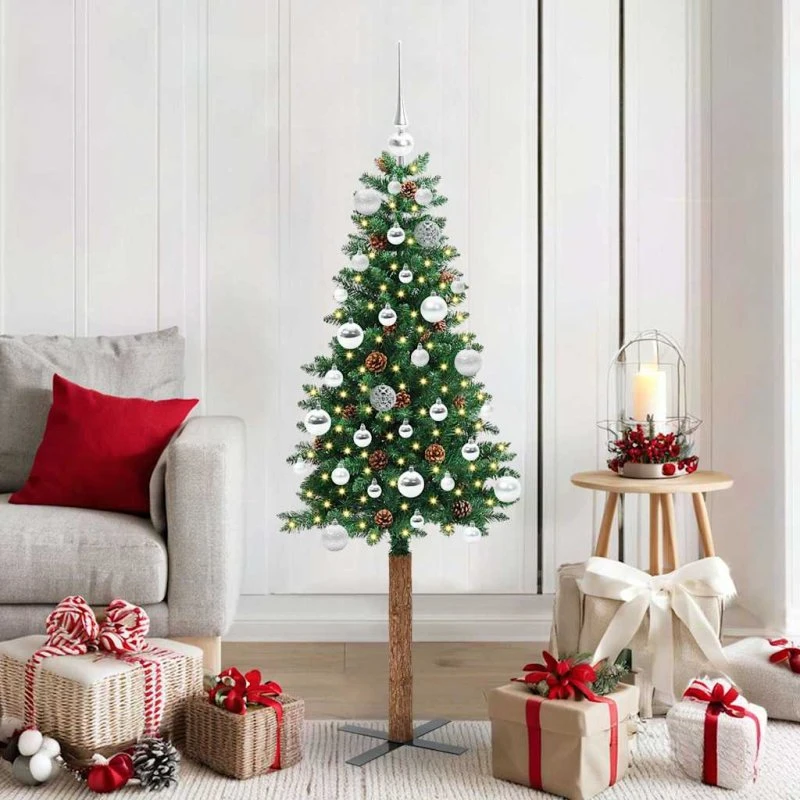vidaXL Slankt Juletræ Grøn 150 cm med LED-lys og stativ