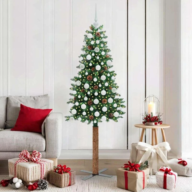 vidaXL Slankt Juletræ Grøn 180 cm med LED-lys og stativ
