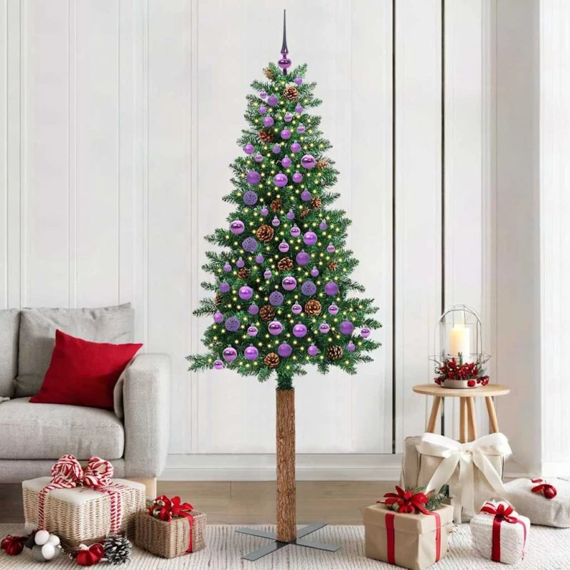 vidaXL Slankt Juletræ Grøn 210 cm med LED-lys og stativ