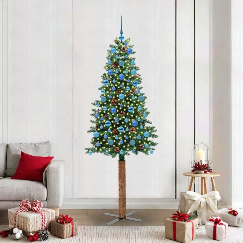 vidaXL Slankt Juletræ 210 cm Grønt PVC & Fyrretræ med LED-lys