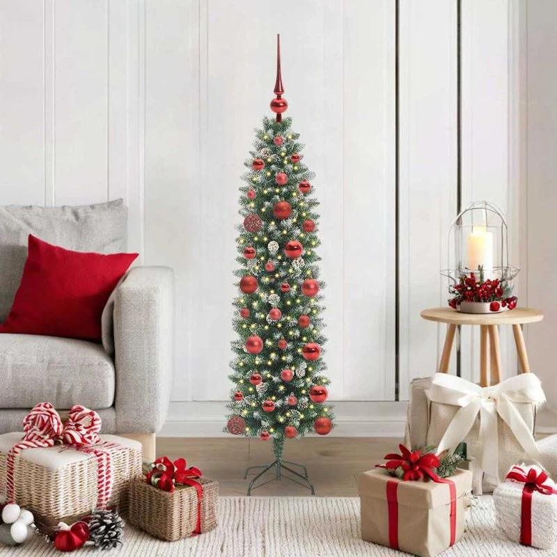 vidaXL Kunstigt slankt juletræ 120 cm med 150 LED'er Grøn og Hvid