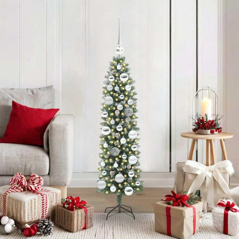 vidaXL Kunstigt slankt juletræ 120 cm med 150 LED'er Grøn og Hvid