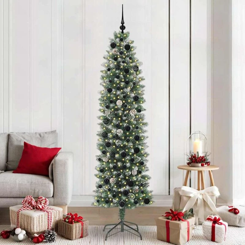 vidaXL Kunstigt slankt juletræ 210 cm med 300 LED'er Grøn og Hvid