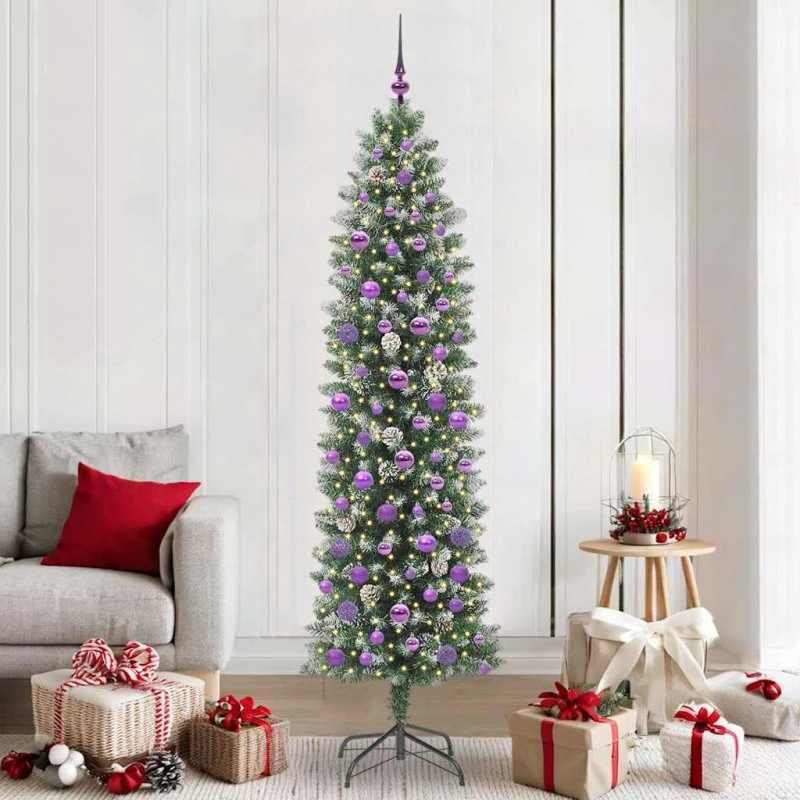 vidaXL Kunstigt slankt juletræ med 300 LED'er, 210 cm, grønt og hvidt