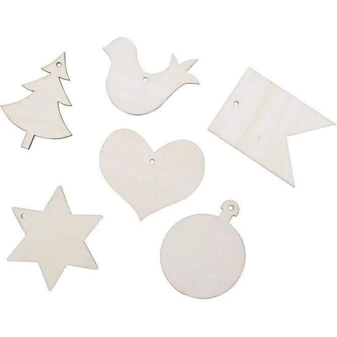 Træfigurer til dekoration med julemotiver, 24 stk (6x6 cm)