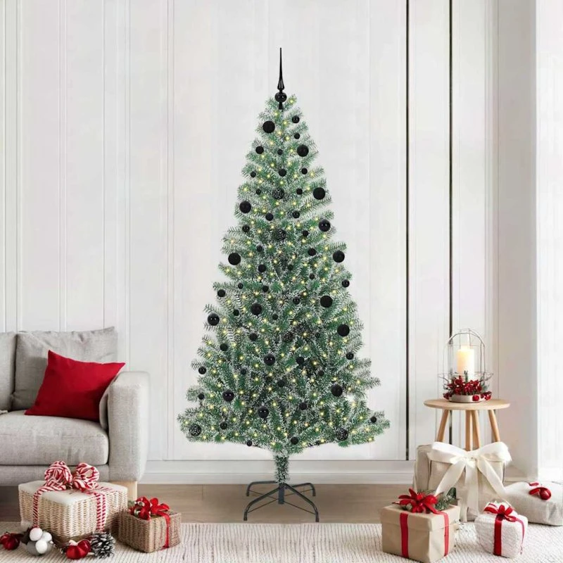 vidaXL Kunstigt Juletræ 210 cm Snebelagt med LED-Lys Grøn/Hvid