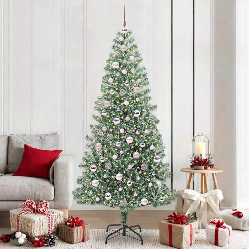 vidaXL Kunstigt Juletræ 210 cm Snebelagt med LED-Lys Grøn/Hvid