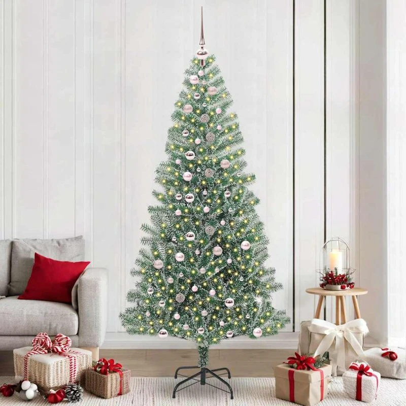 vidaXL Kunstigt Juletræ Snebelagt med LED Lys 240 cm Grøn og Hvid