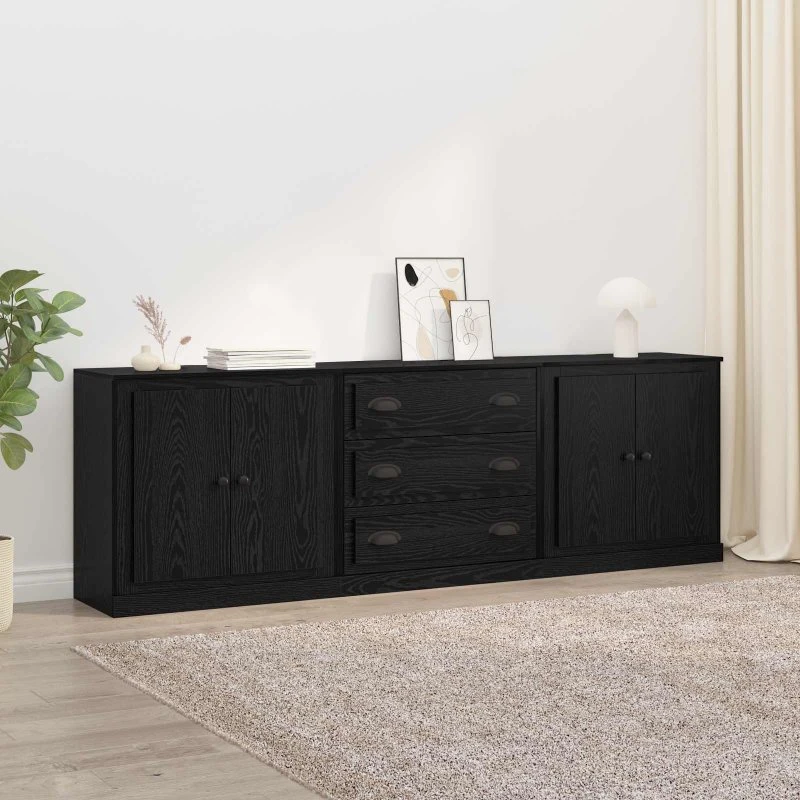 vidaXL 3-deligt sidebord, sort eg, 210 x 35,5 x 67,5 cm, konstrueret træ