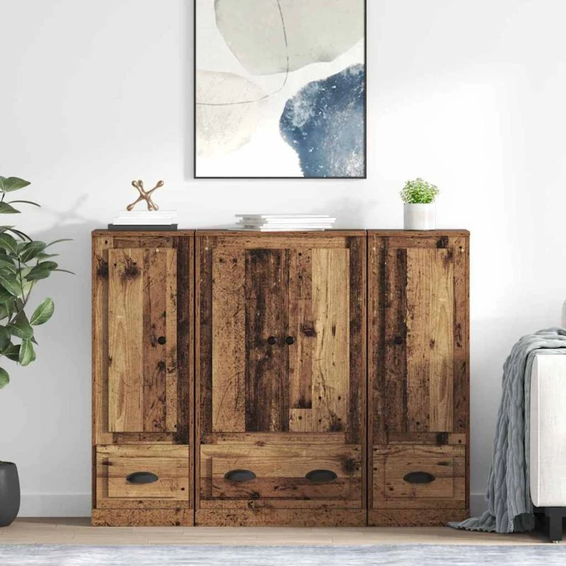 vidaXL Highboard med skuffe 3 stk, gammelt træ, konstrueret træ