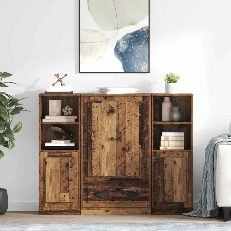 vidaXL Highboard med skuffe 3 stk, gammelt træ, konstrueret træ
