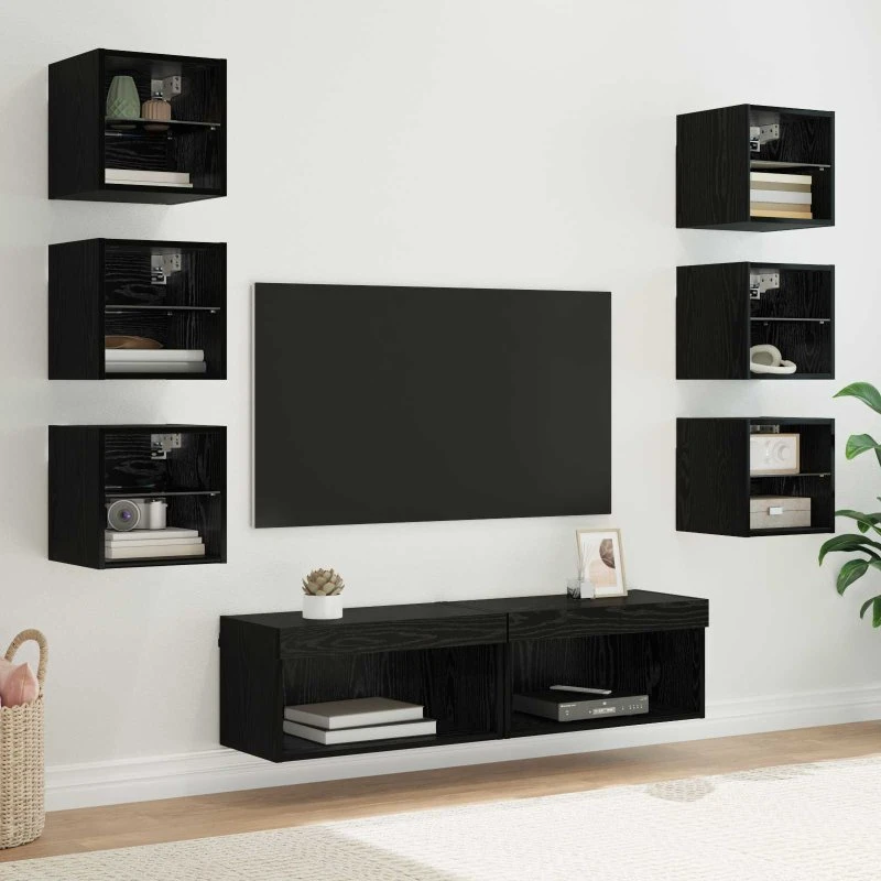 vidaXL TV-skab med LED-strimmelys og 8 skuffer, sort med glas