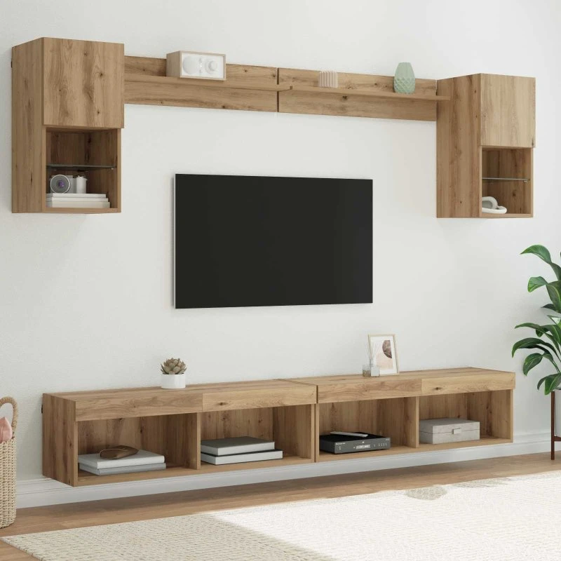 vidaXL TV-vægskab med LED, 6 stk, Artisan Egetræ, Konstrueret Træ