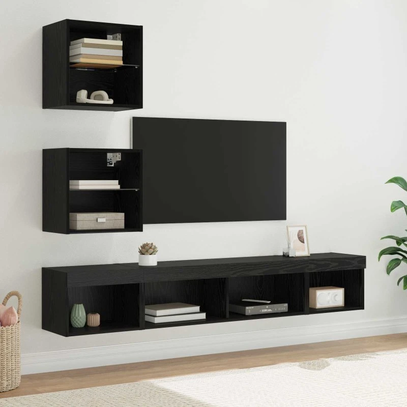 vidaXL TV-vægskab med LED, 5 stk, Sort, 100 x 30 x 30 cm, Træ