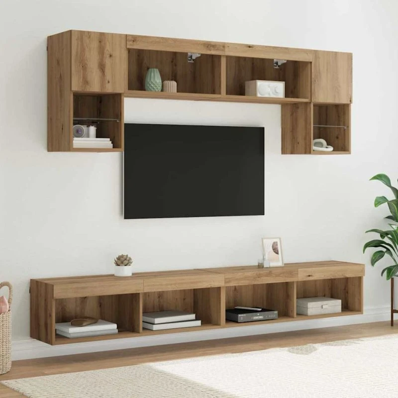 vidaXL TV-vægunit med LED, 6 stk, Artisan Egetræ, konstrueret træ
