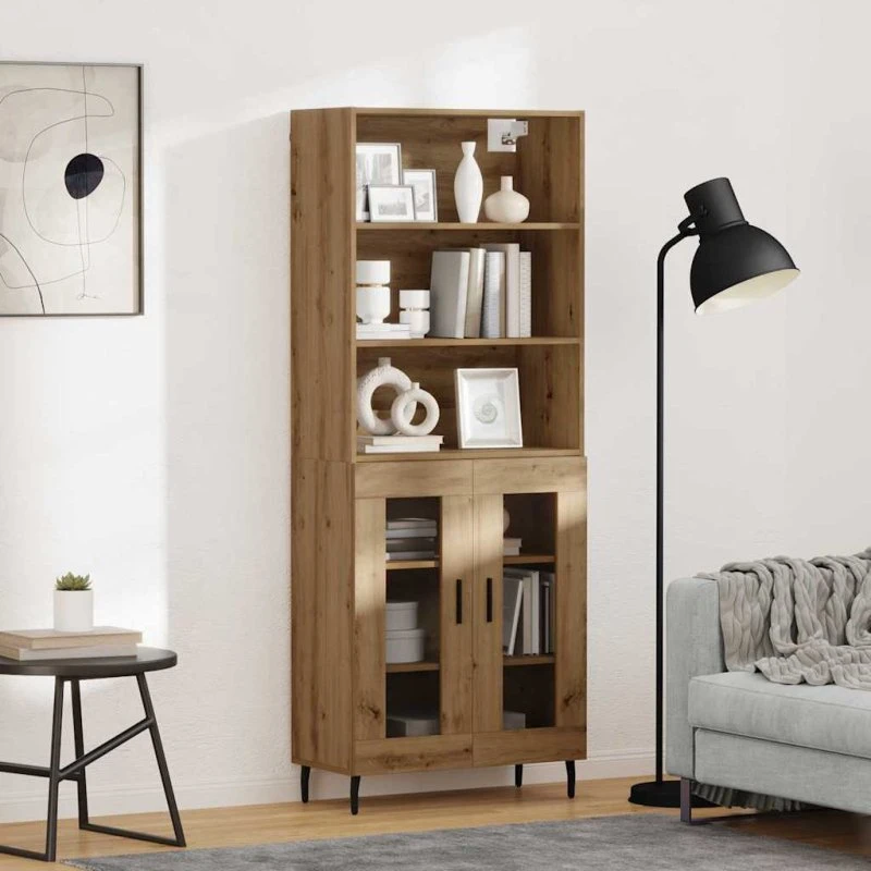 vidaXL Artisan Egetræ Highboard 69,5 x 34 x 180 cm, Sort