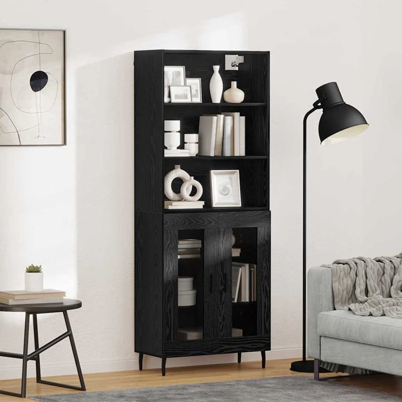 vidaXL Highboard Sort 69,5 x 34 x 180 cm Ingeniørtræ og Glas