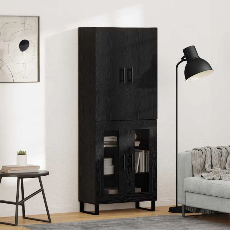 vidaXL Highboard 2 stk, Sort, 69,5 x 34 x 180 cm, Ingeniørtræ og glas